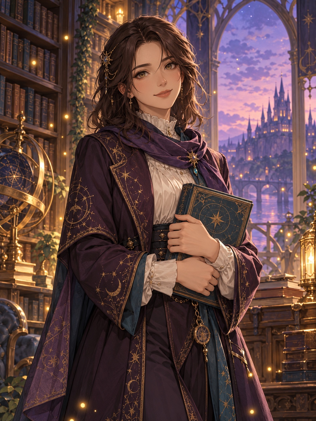 Original anime storyteller in an elegant embroidered coat, holding a book in a magical library